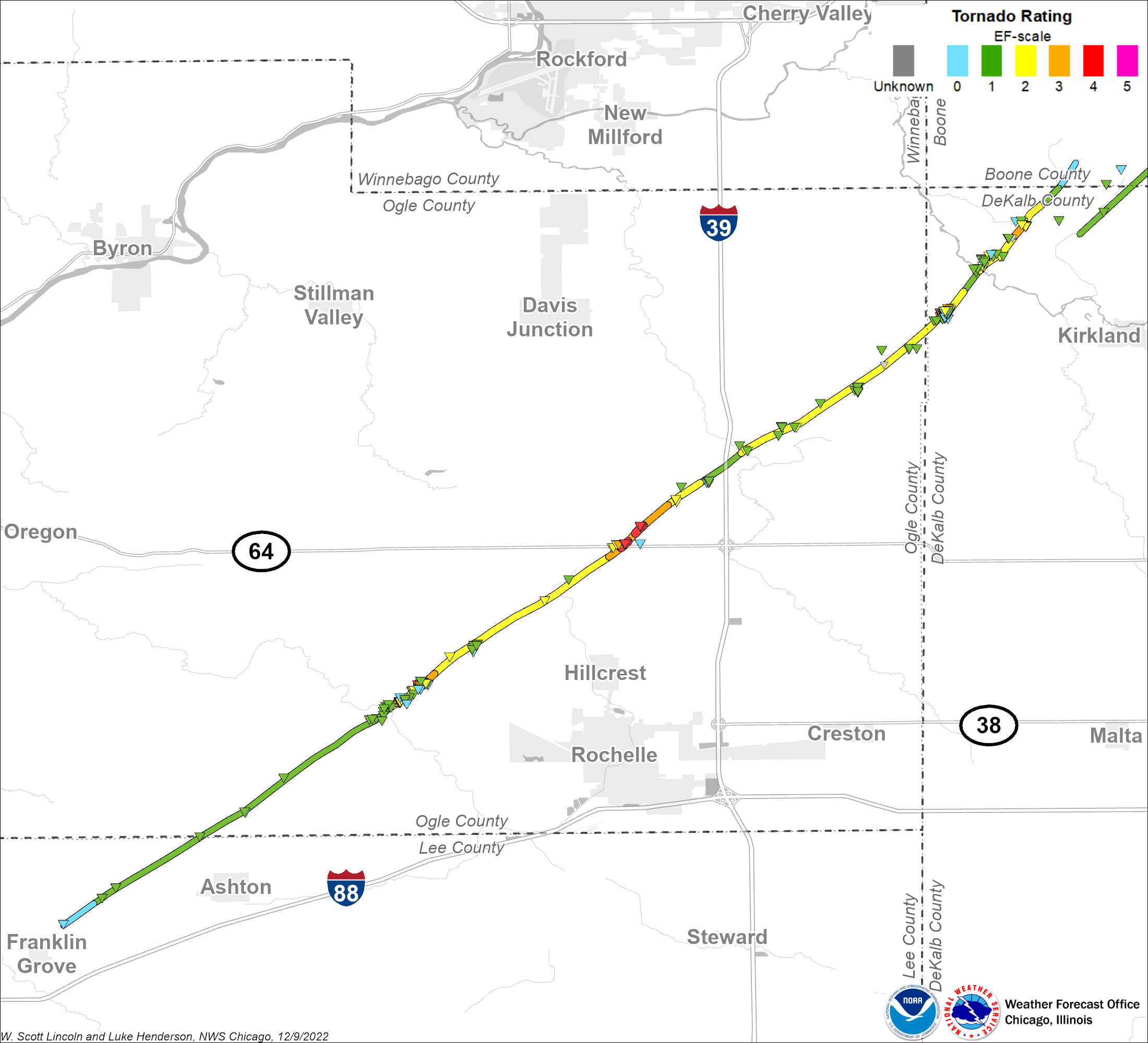 Map showing the Rochelle-Fairdale tornado track