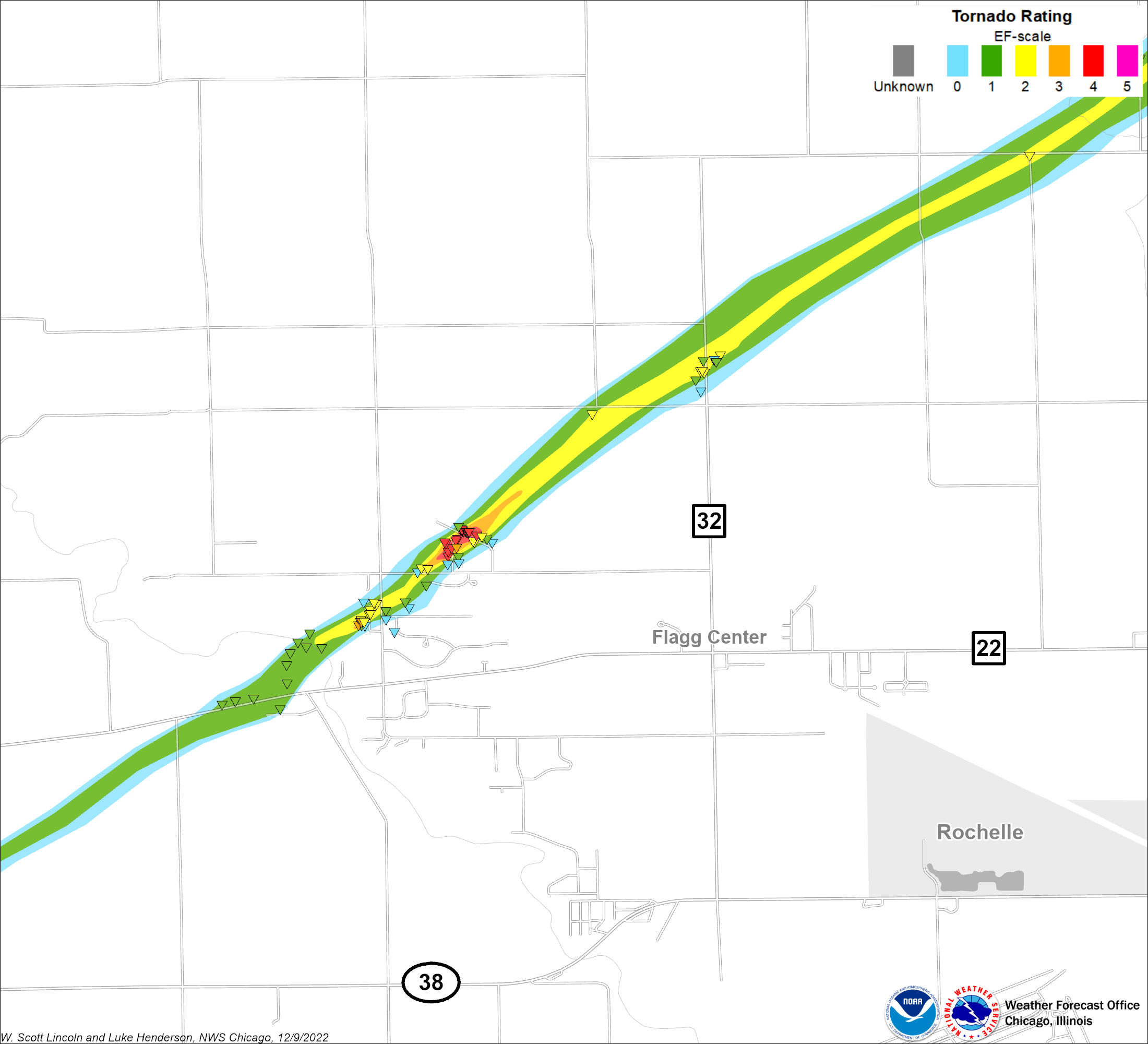 Map showing the Rochelle-Fairdale tornado track, zoomed in on an area of EF4 damage west of Rochelle near the village of Flagg Center