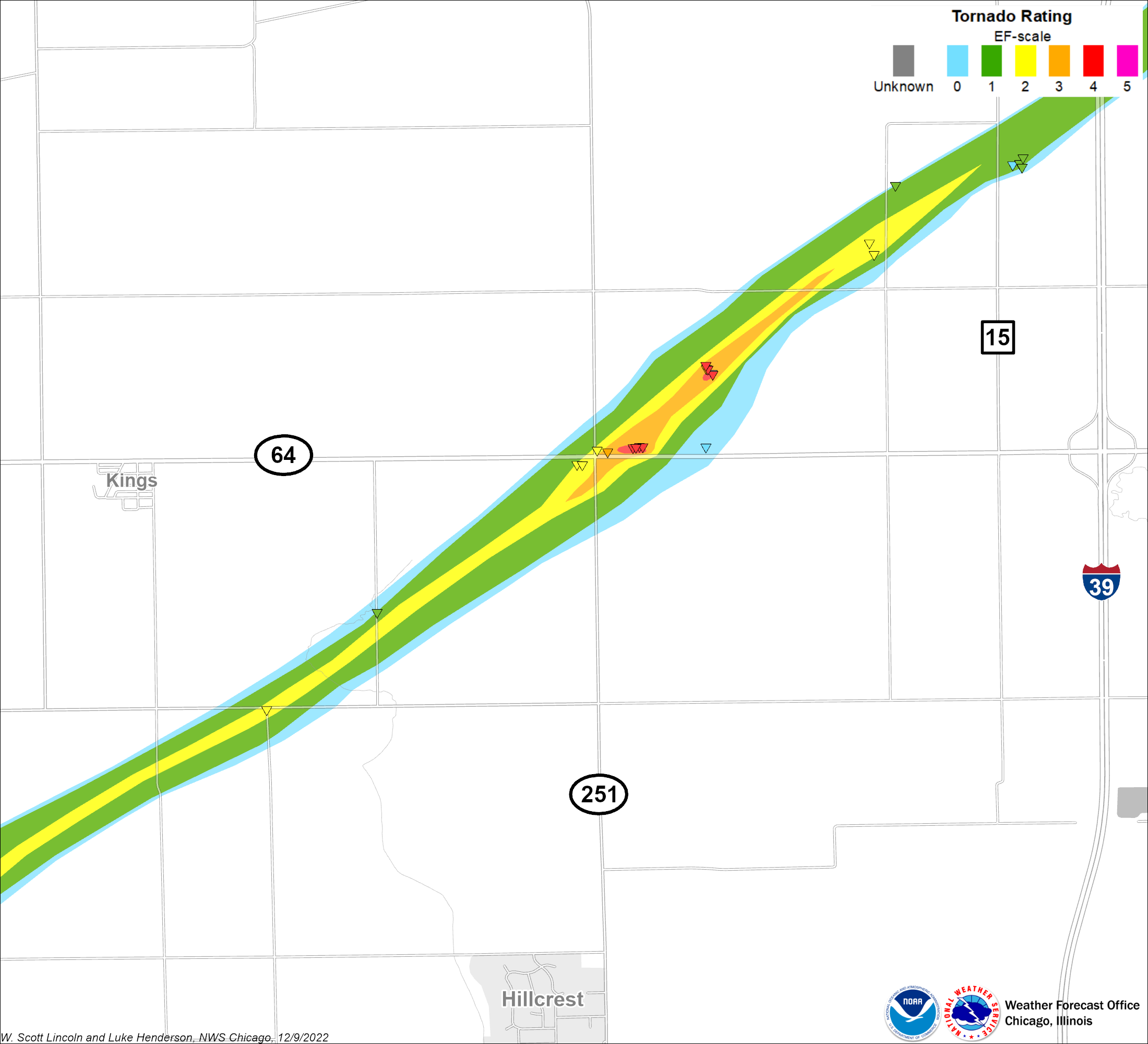Map showing the Rochelle-Fairdale tornado track, zoomed in on an area of EF4 damage north of Hillcrest