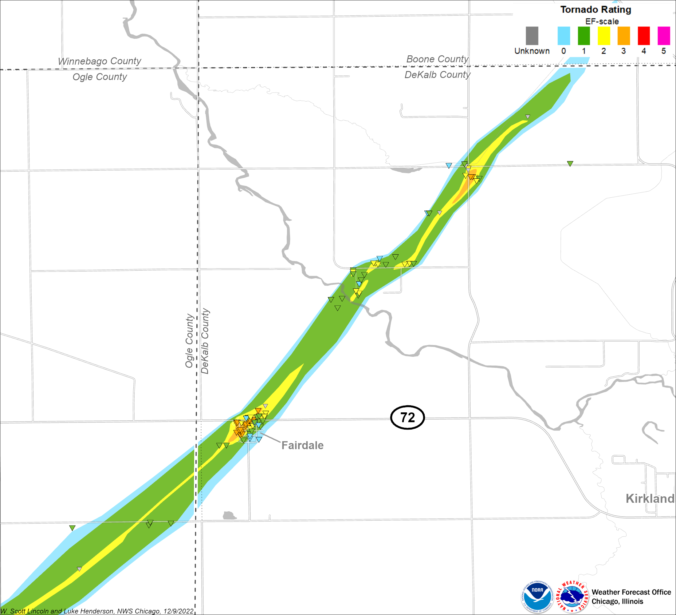 Map showing the Rochelle-Fairdale tornado track, zoomed in on an area of EF3 damage near the village of Fairdale