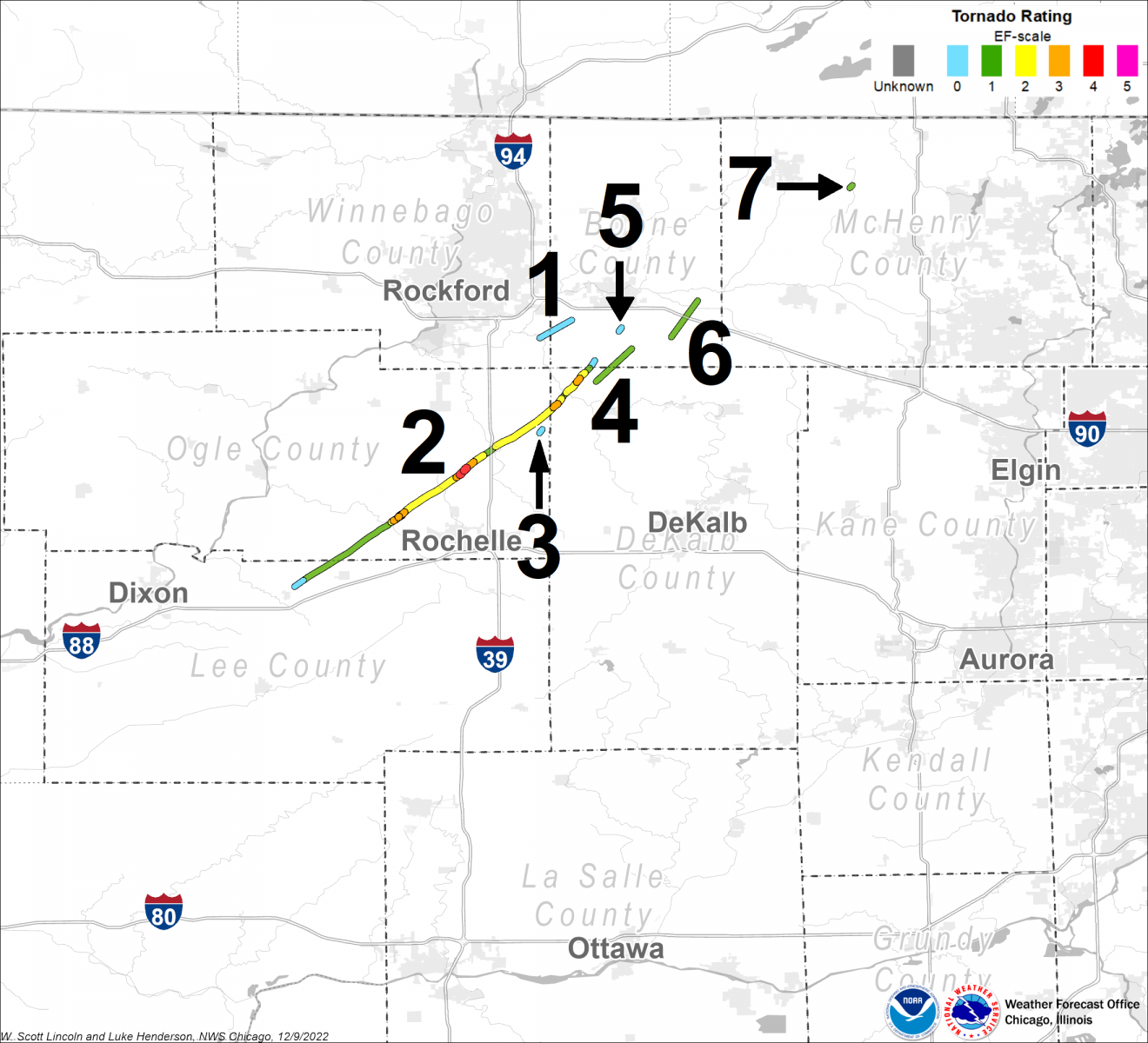 Map showing tornado tracks in northern Illinois