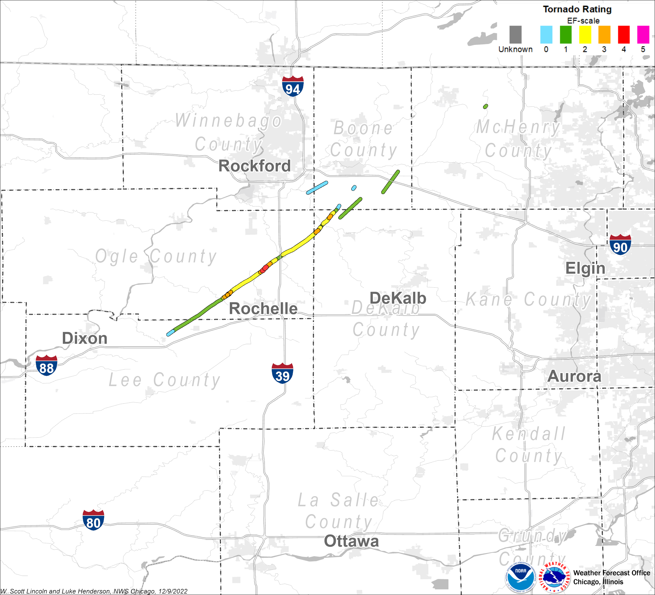 Map showing tornado tracks in northern Illinois