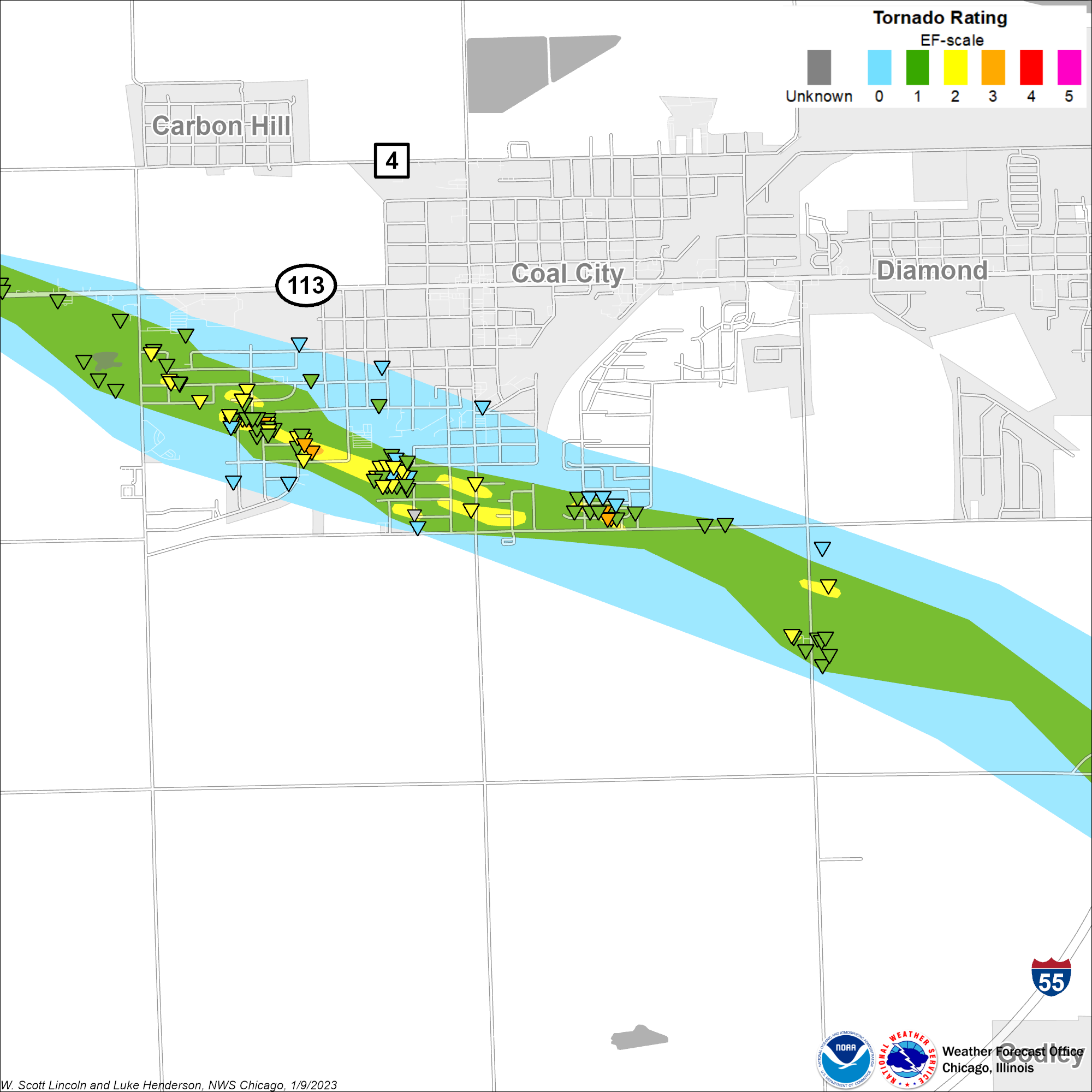 Map showing track of Coal City - Braidwood tornado, zoomed in on the Coal City area