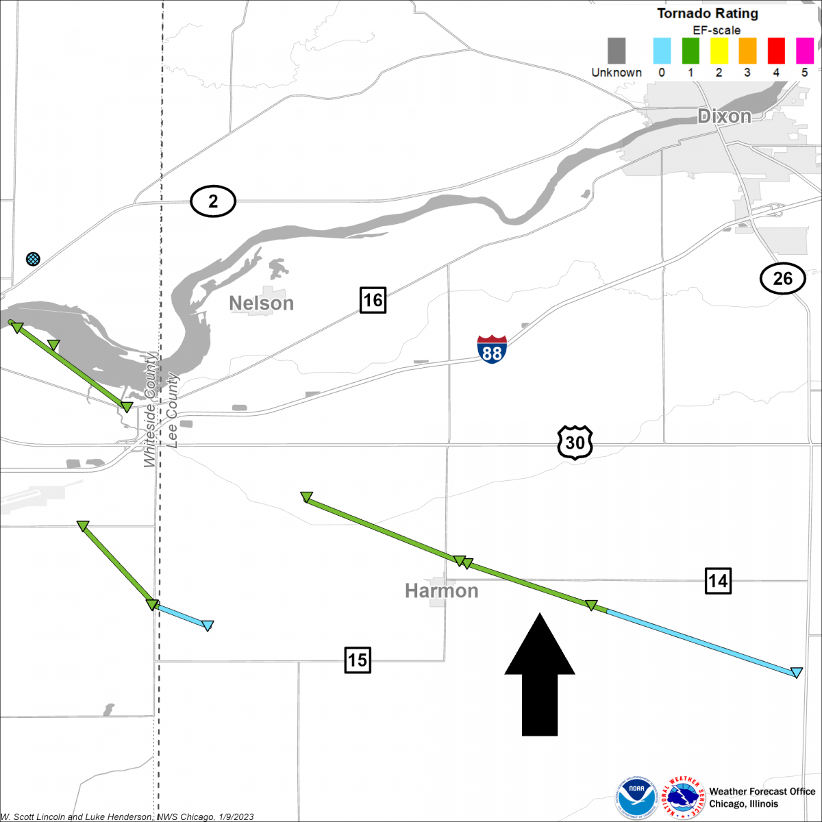 Map showing track of Harmon area tornadoes