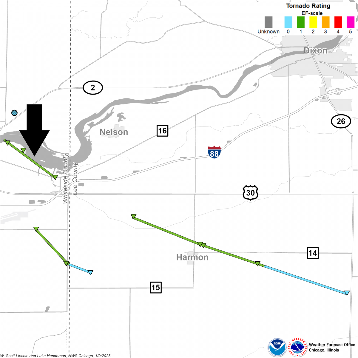 Map showing track of Harmon area tornadoes