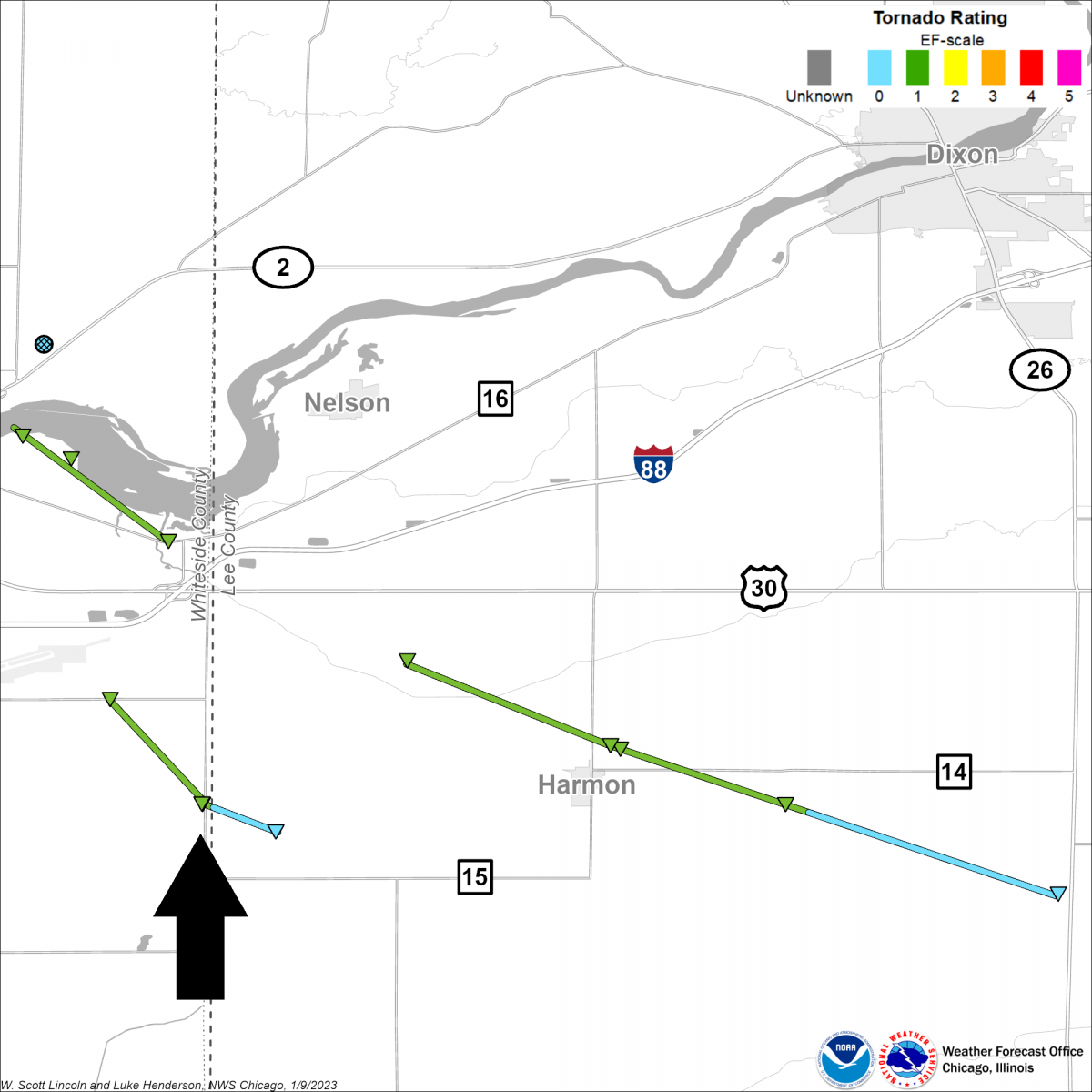 Map showing track of Harmon area tornadoes