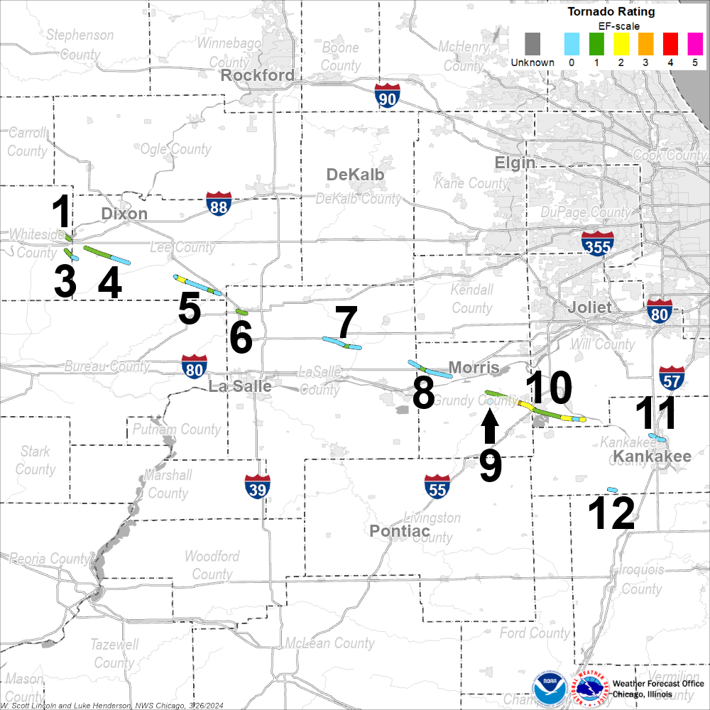 Map showing tornado tracks in northern Illinois