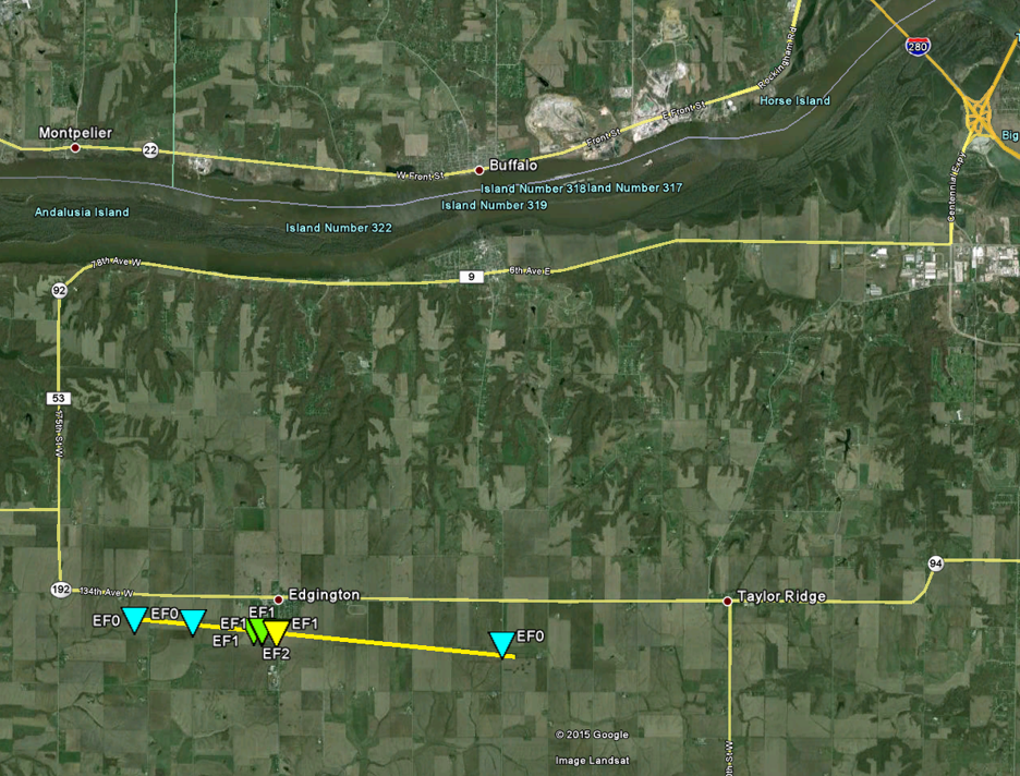 Map showing track of Edgington tornado
