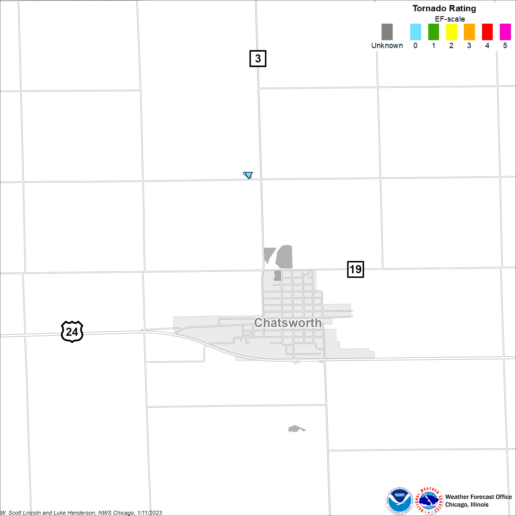 Map showing track of the Chatsworth tornado