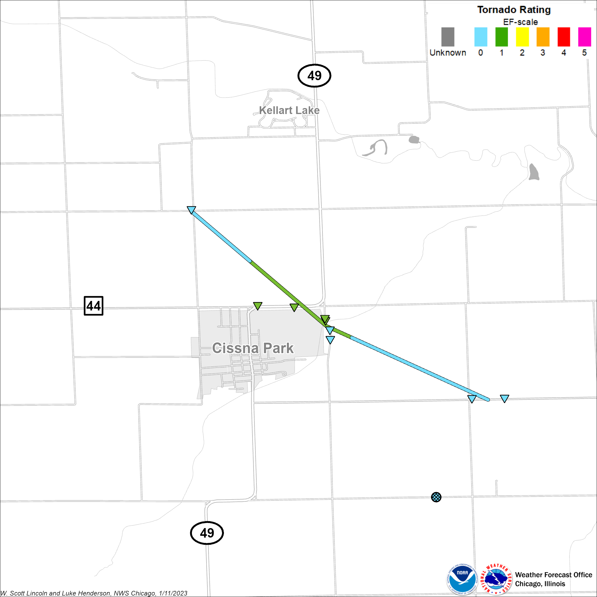 Map showing the track of the Cissna Park tornado