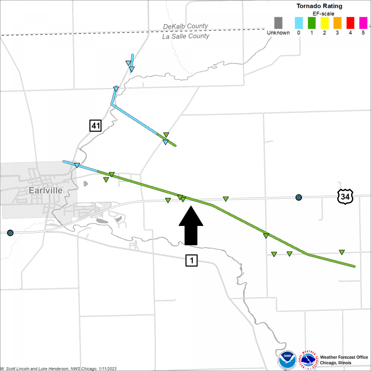 Map showing the tracks of the Earlville tornadoes from June 22, 2016
