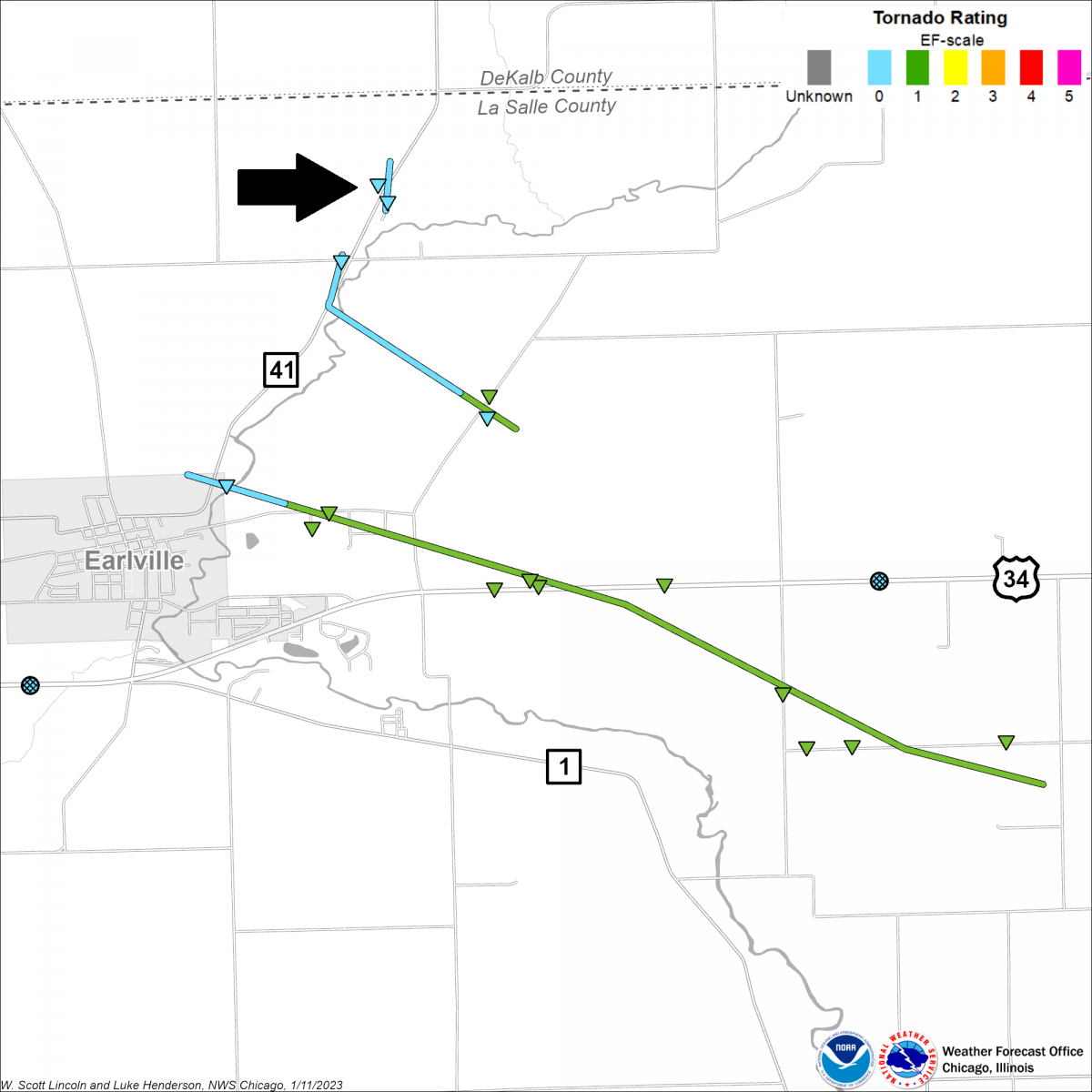 Map showing the tracks of the Earlville tornadoes from June 22, 2016