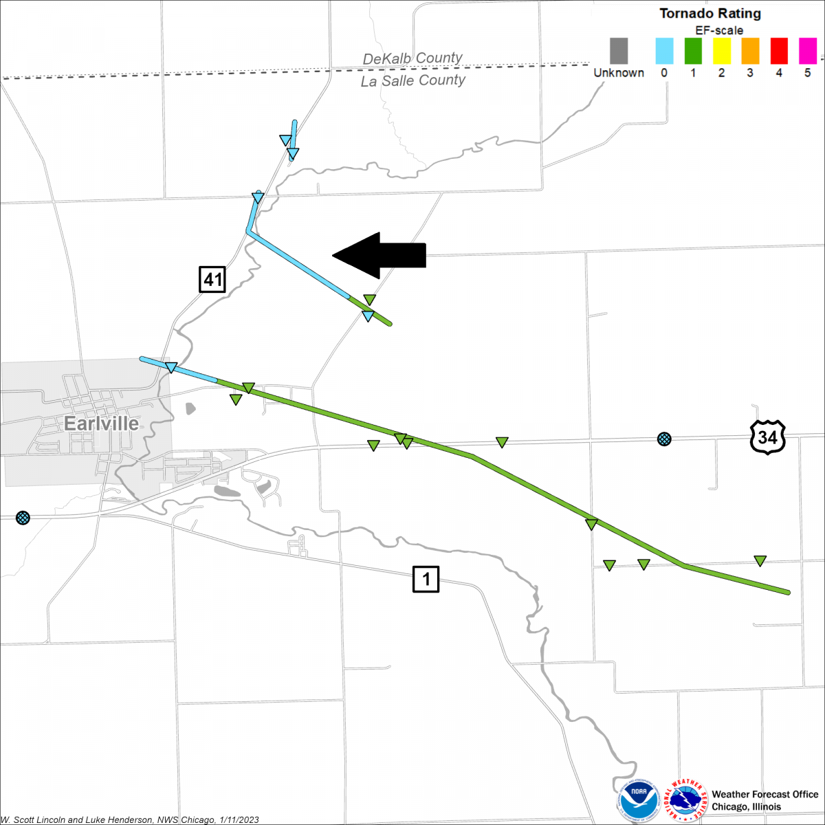 Map showing the tracks of the Earlville tornadoes from June 22, 2016