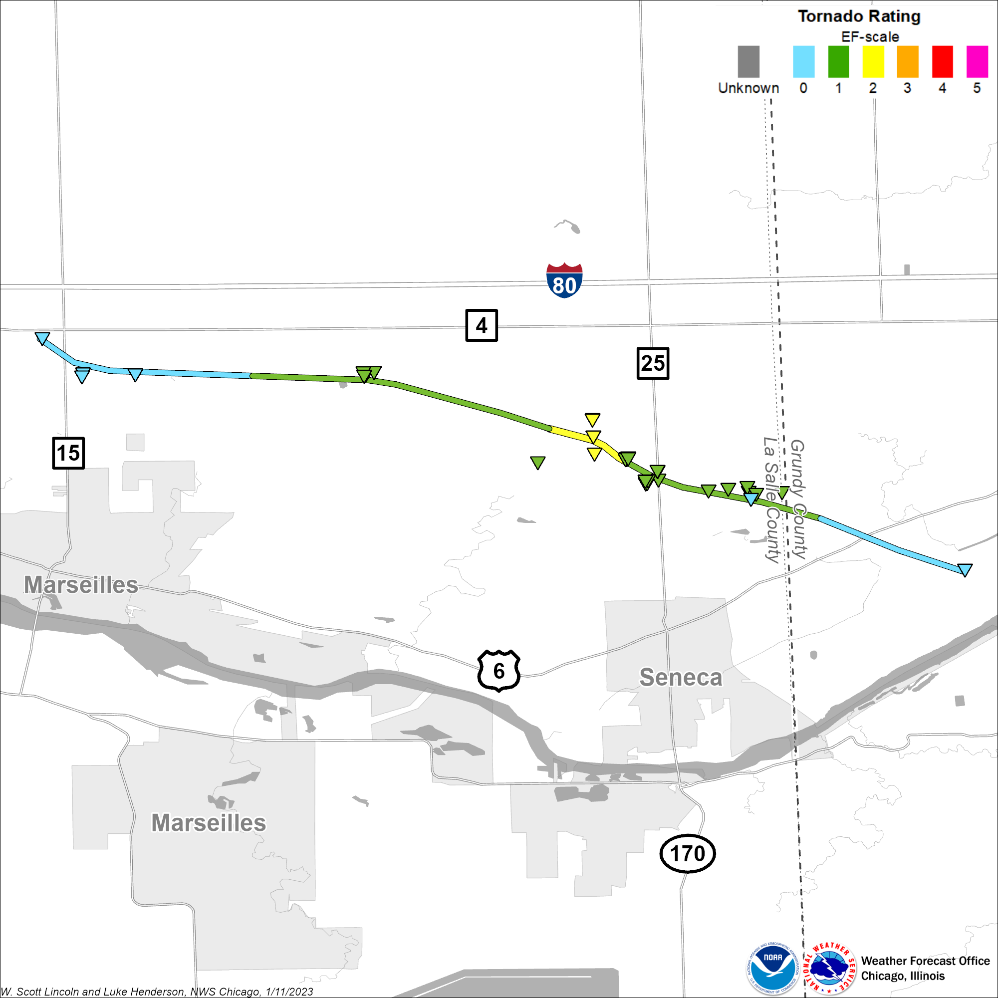 Map showing track of the Marseilles-Seneca tornado
