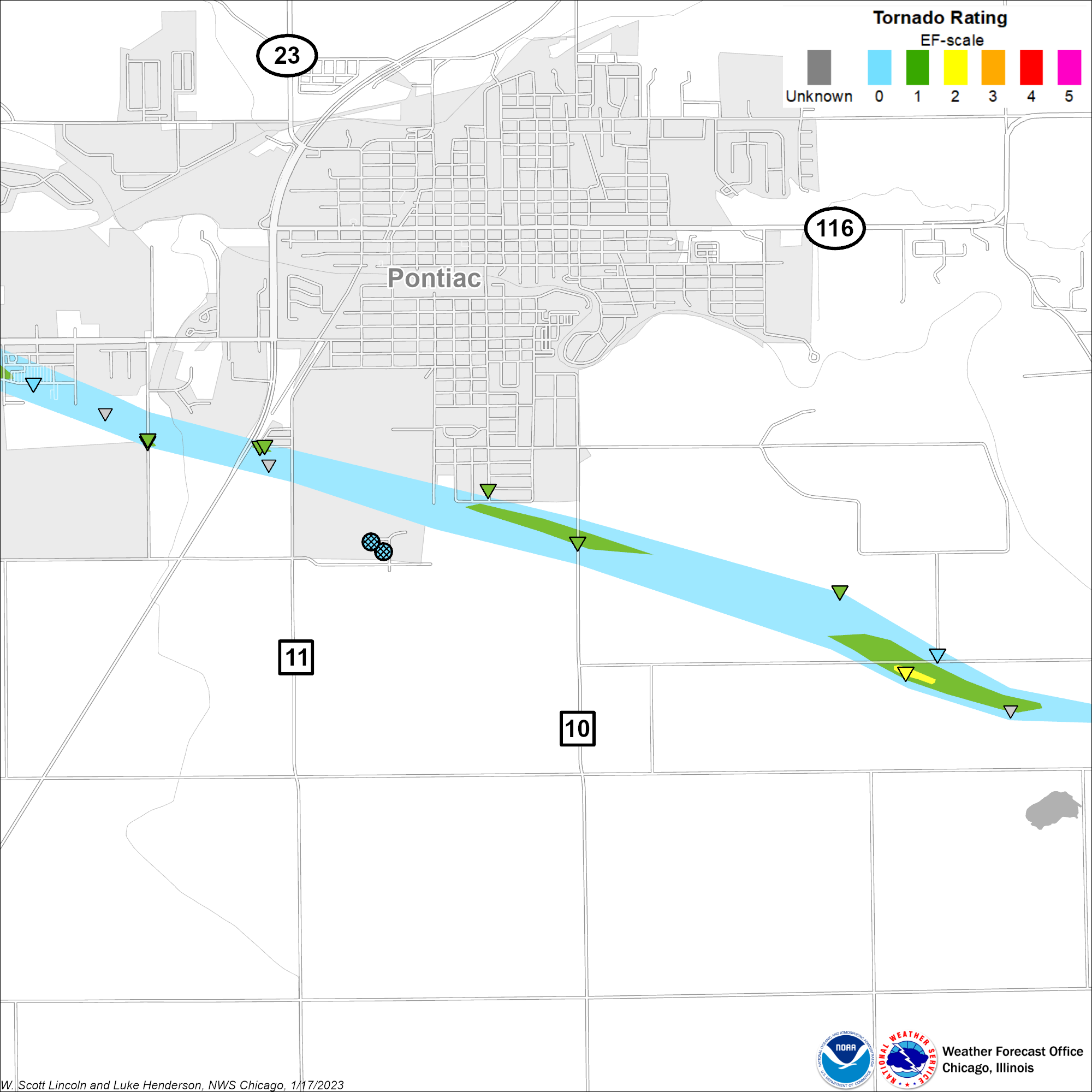 Map showing track of the Pontiac tornado, zoomed in on an area of higher-end damage on the southeast side of Pontiac