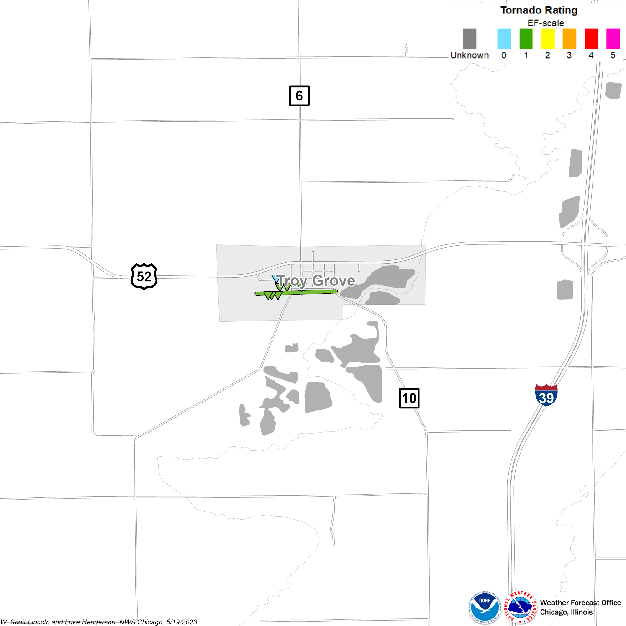 Map showing track of Troy Grove tornado