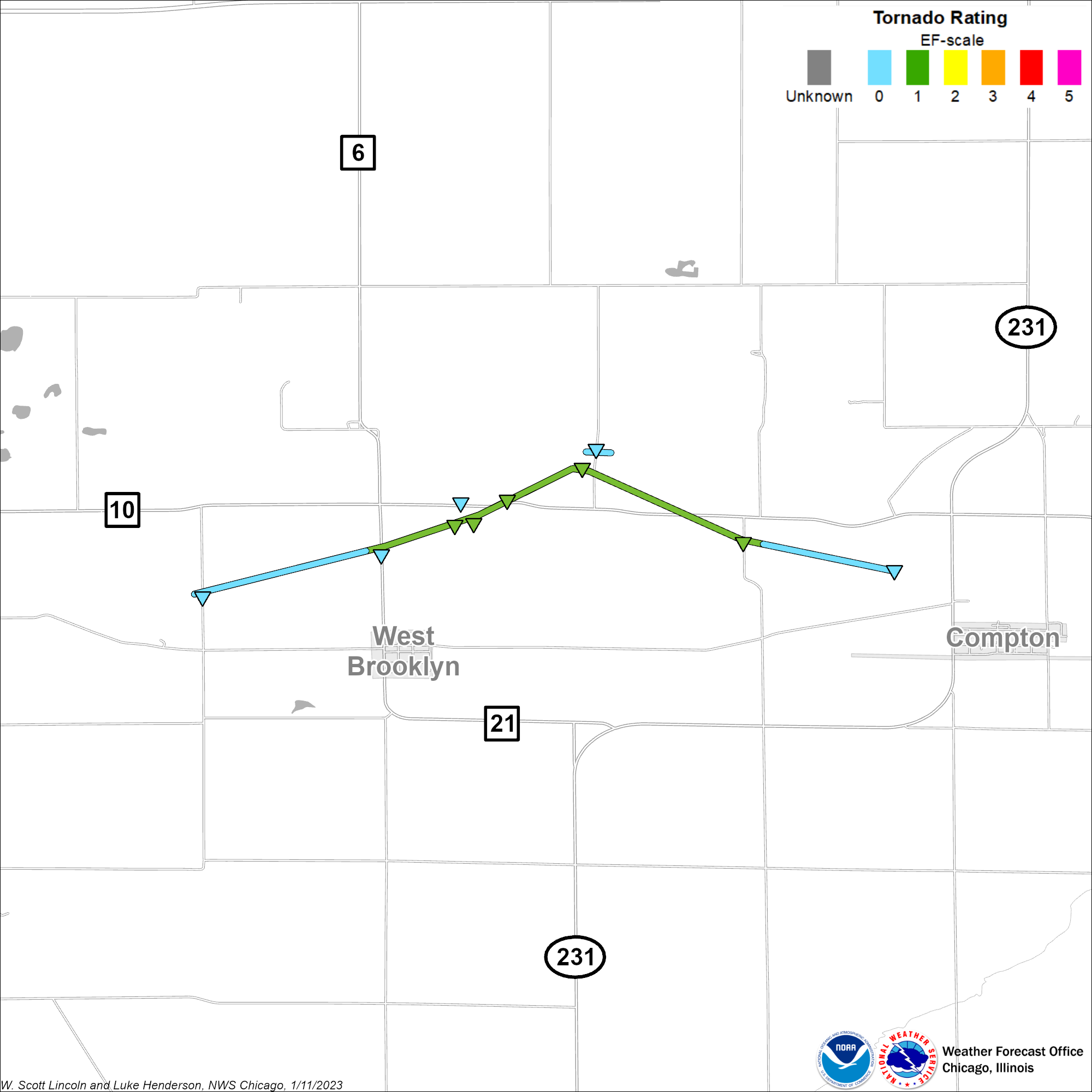 Map showing track of the West Brooklyn tornado