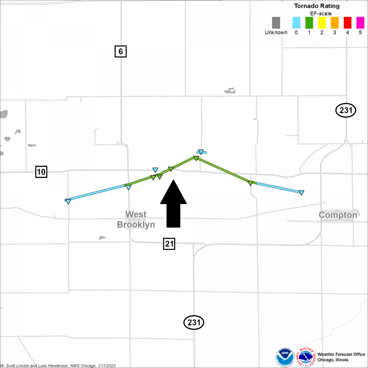 Map showing the tracks of the West Brooklyn tornadoes from June 22, 2016