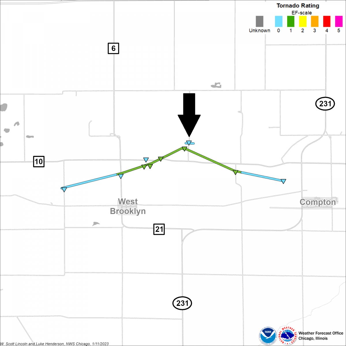 Map showing the tracks of the West Brooklyn tornadoes from June 22, 2016