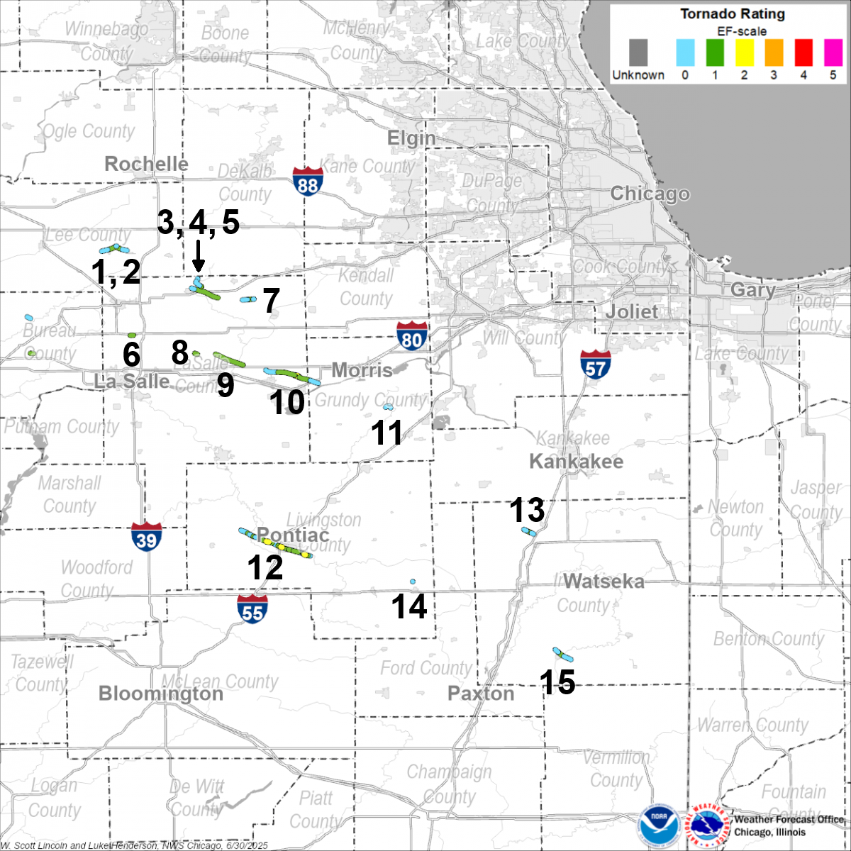 Map showing tornado tracks from June 22, 2016 in northern Illinois