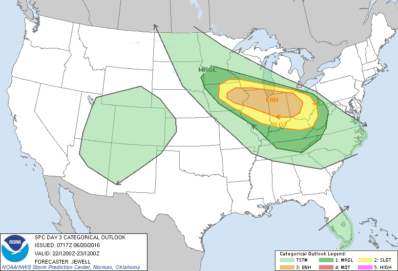Image showing the severe weather outlook for June 22, 2016, 3 days in advance.