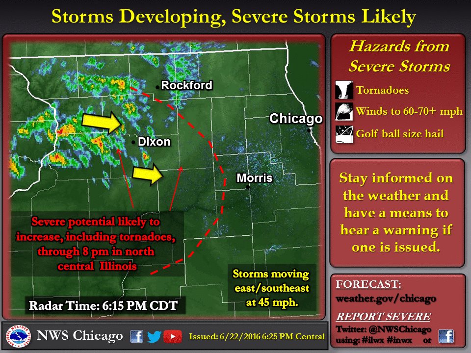 Graphic issued June 22, 2016, at 6:25 PM highlighting the potential for severe weather