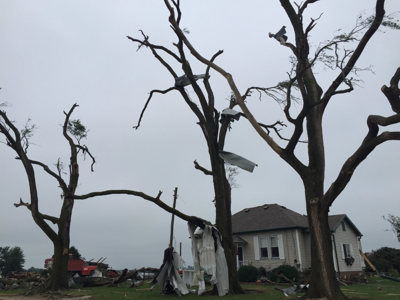 Photo showing tree damage and siding damage from Marseilles-Seneca tornado