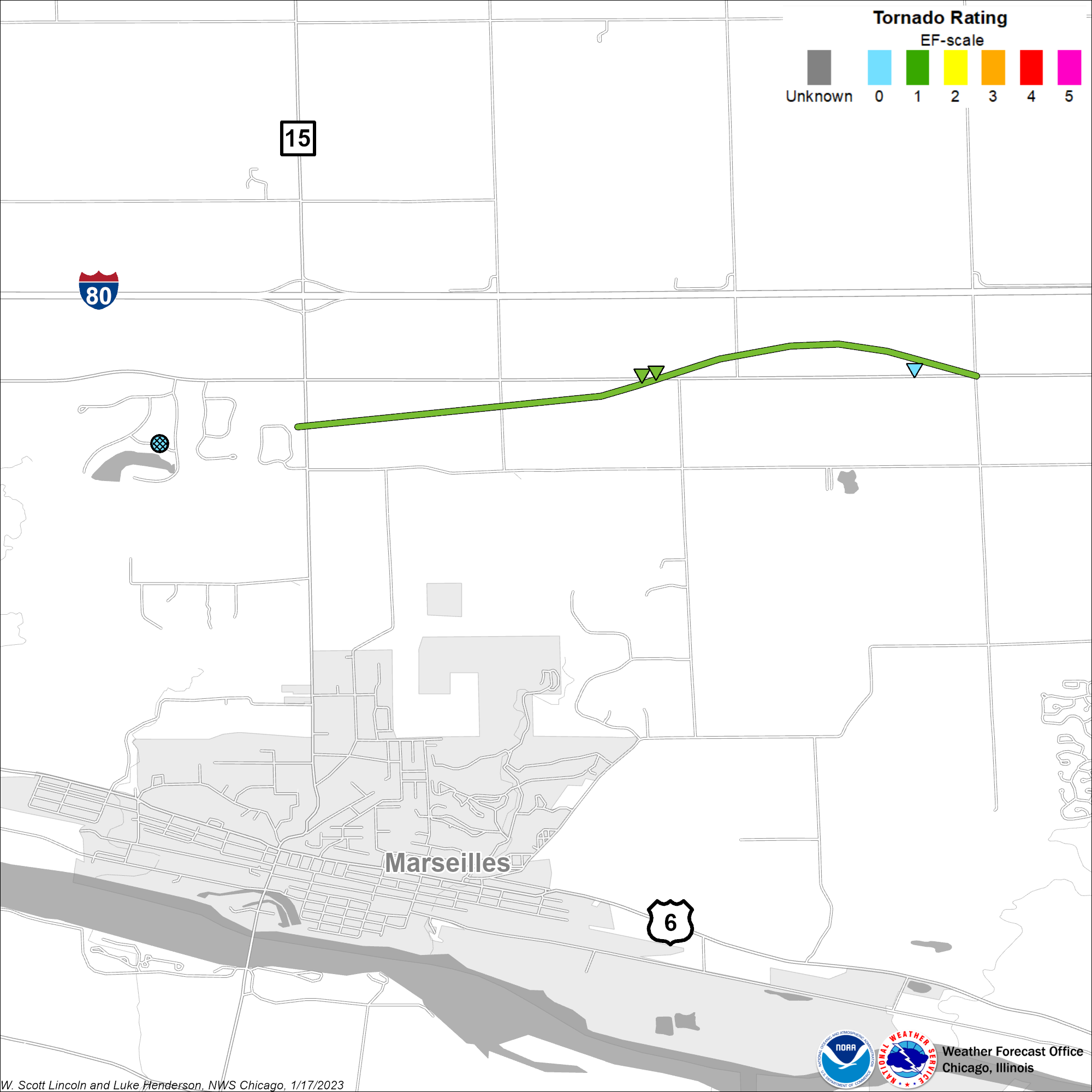 Map showing the track of the Marseilles tornado
