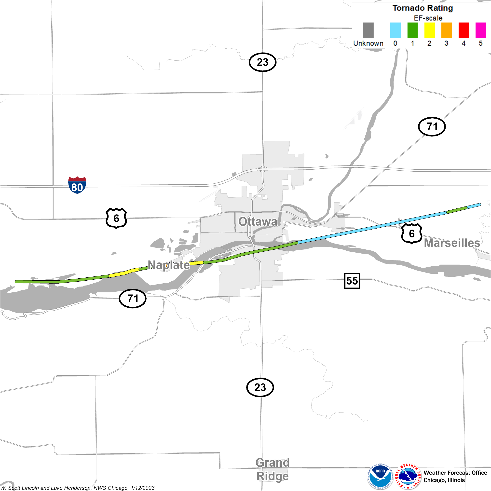 Map showing track of the Naplate-Ottawa tornado