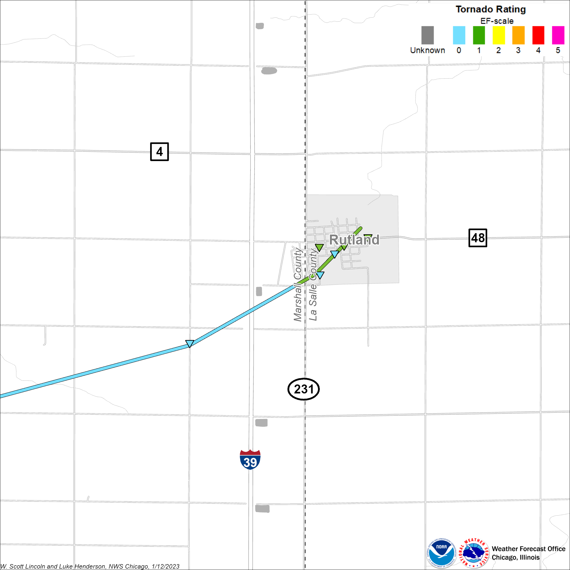 Map showing the track of the Washburn-Rutland tornado, zoomed in on the Rutland area
