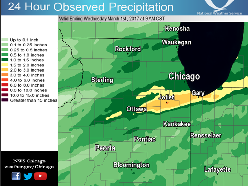Map showing 24-hour rainfall ending March 1, 2017, at 9:00 AM