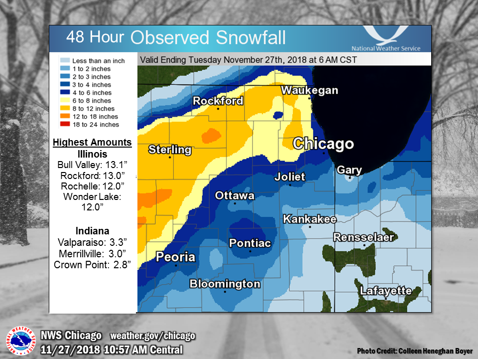 48 hour snowfall map ending at 6 am November 27