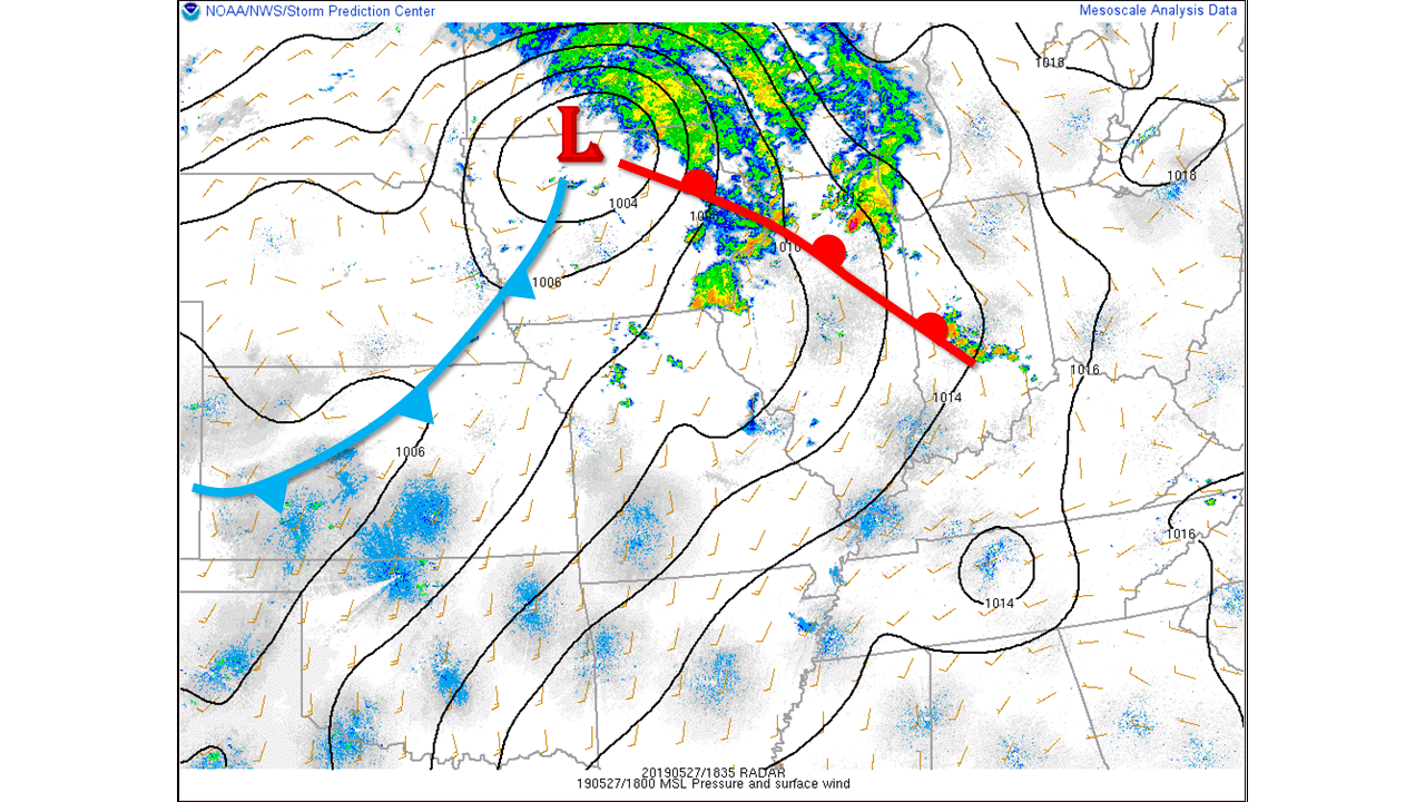 Storms intensified along and ahead of the warm front during the afternoon