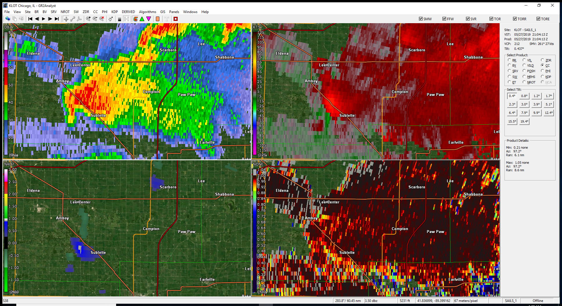 Radar snapshot of supercells associated with tornado reports in Lee County