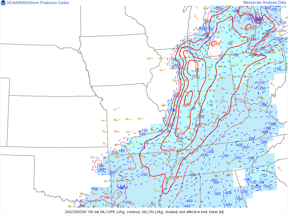 Map showing wind shear and instability on February 27 2024
