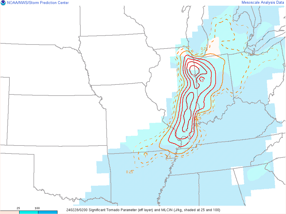 Map showing significant tornado parameter on February 27 2024