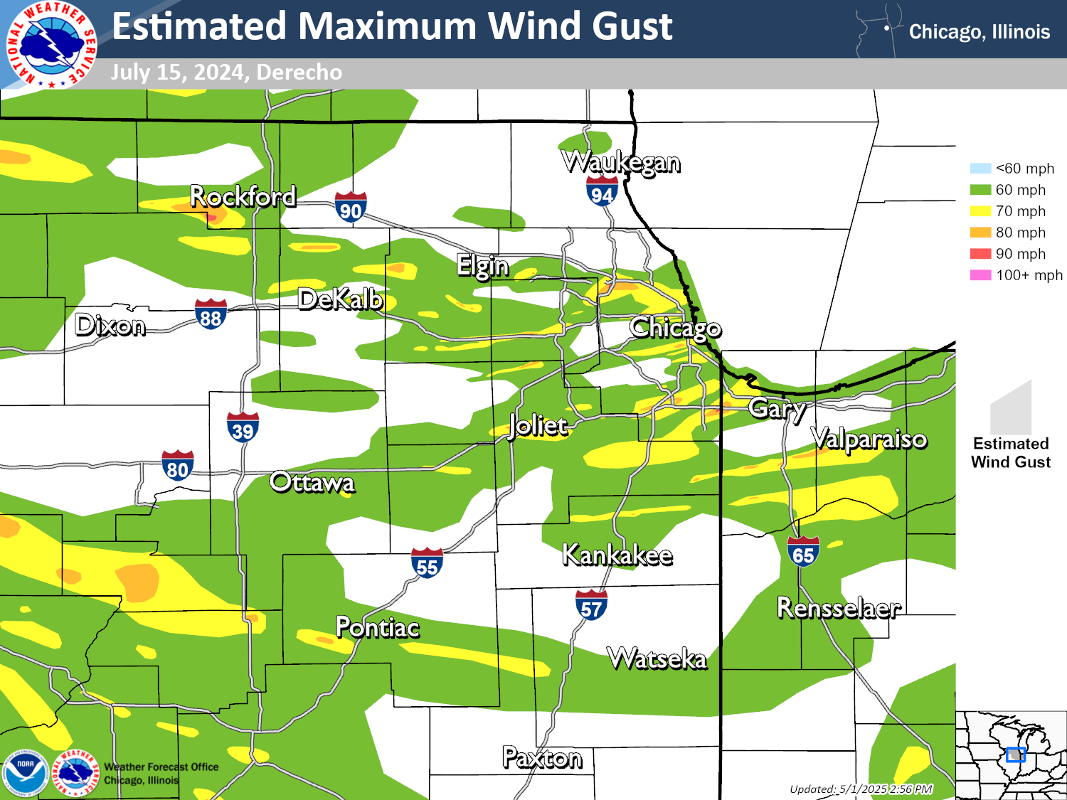 Map showing the estimated peak wind gusts across northern Illinois and northwestern Indiana on July 15, 2024. Multiple swaths of winds exceeding 60 mph are shown, with slightly more areas experiencing such winds than not. There are multiple narrow swaths with winds reaching 70-90 mph, with several along a line from near Rockford to near Chicago and Valparaiso, and another narrow swath near Pontiac.