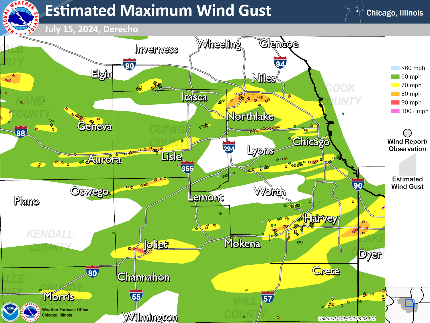 Map showing the estimated peak wind gusts across portions of Kane, DuPage, Cook, and Will counties on July 15, 2024. While the overwhelming majority of each county is depicted as having peak winds exceeding 60 mph, several narrow corridors of more significant winds are depicted. Winds of 70-90 mph are depicted near and just southwest of Joliet and between Harvey and Dyer. Winds up to 70-80 mph are depicted near Geneva, from Aurora to Lisle, east of Oswego, between Niles and Northlake, across southern Chicago, near and west of Harvey, west of Crete, and from near Crete to north of Dyer.
