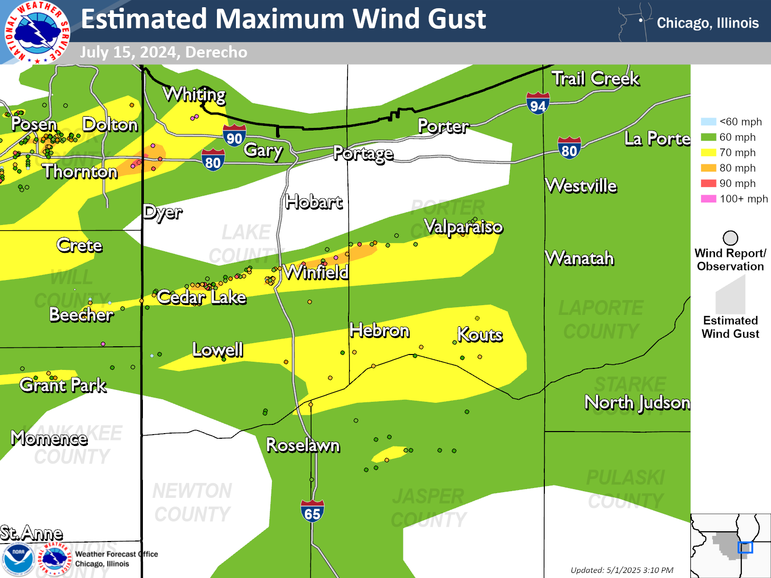 Map showing the estimated peak wind gusts across portions of Lake, Porter, Newton, and Jasper counties on July 15, 2024. While large portions of each county are depicted as having peak winds exceeding 60 mph, several narrow corridors of more significant winds are depicted. Just north of Dyer and near Cedar Lake, winds up to 70-90 mph are depicted. Winds up to 70-80 mph are depicted from Beecher to Valparaiso and from Lowell to Kouts.