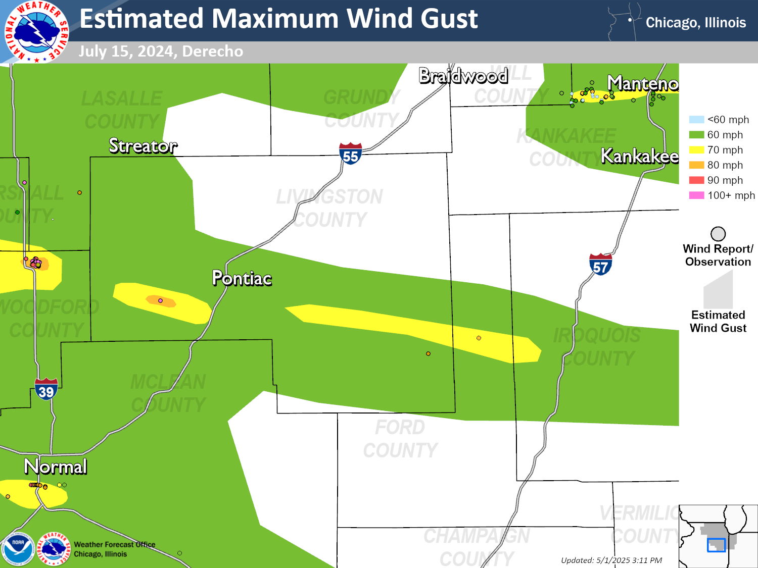 Map showing the estimated peak wind gusts across portions of Livingston, Ford, and Iroquois counties on July 15, 2024. A swath of winds up to 70-80 mph is depicted from southwest of Pontiac to east of Pontiac to extreme western Iroquois County.