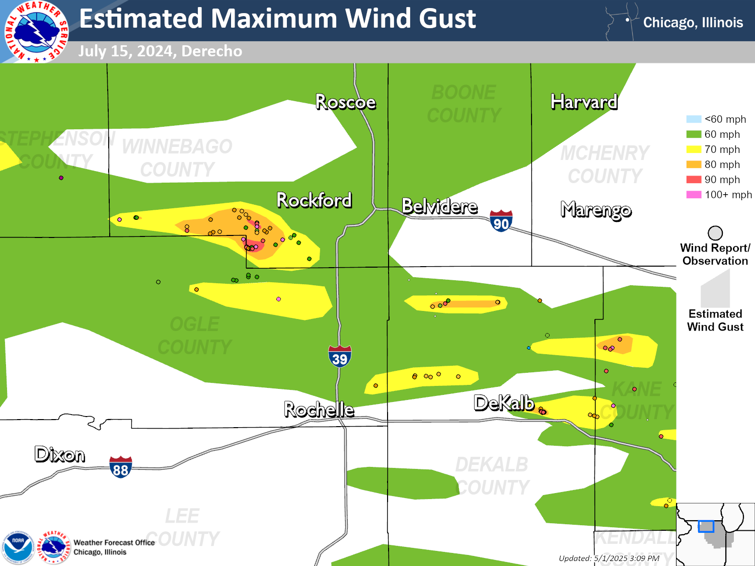 Map showing the estimated peak wind gusts across portions of Winnebago, Ogle, and DeKalb counties on July 15, 2024. While large portions of each county are depicted as having peak winds exceeding 60 mph, several narrow corridors of more significant winds are depicted. Just southwest of Rockford, an area of winds up to 70-90 mph is depicted. Areas of winds up to 70-80 mph are depicted north of Rochelle, between Rochelle and DeKalb, north of DeKalb, near and just east of DeKalb, and northeast of DeKalb.
