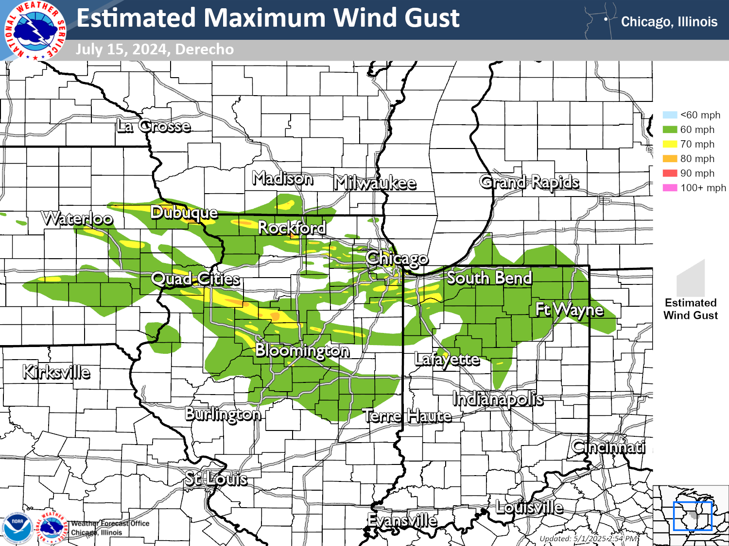 Map showing the estimated peak wind gusts across the Midwest on July 15, 2024. Multiple swaths of winds exceeding 60 mph are shown across portions of eastern Iowa, southern Wisconsin, northern and central Illinois, and northern Indiana. There are multiple narrow swaths indicated with winds reaching 70-90 mph.