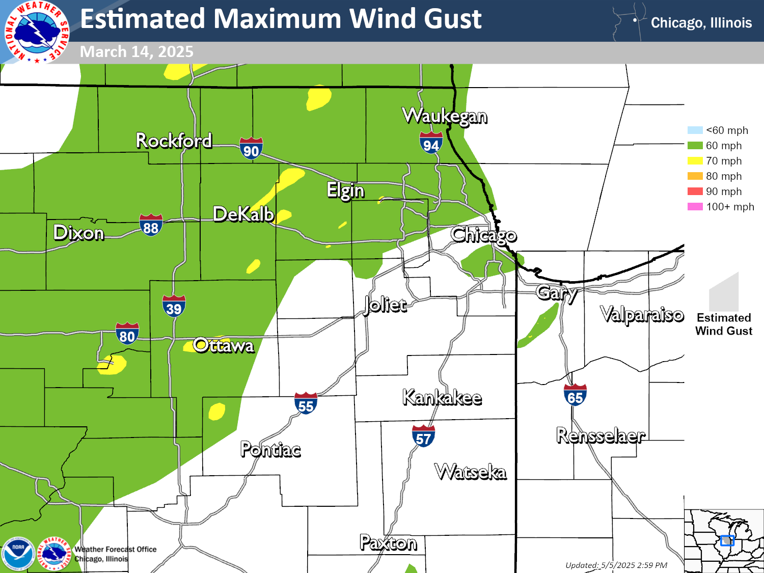 Map showing contours of estimated straight line winds due to storms occurring on March 14 2025. Map shows areas experiencing winds in excess of 60 mph in northern Illinois. Small areas of higher winds are indicated, with isolated winds up to 70-80 mph depicted.