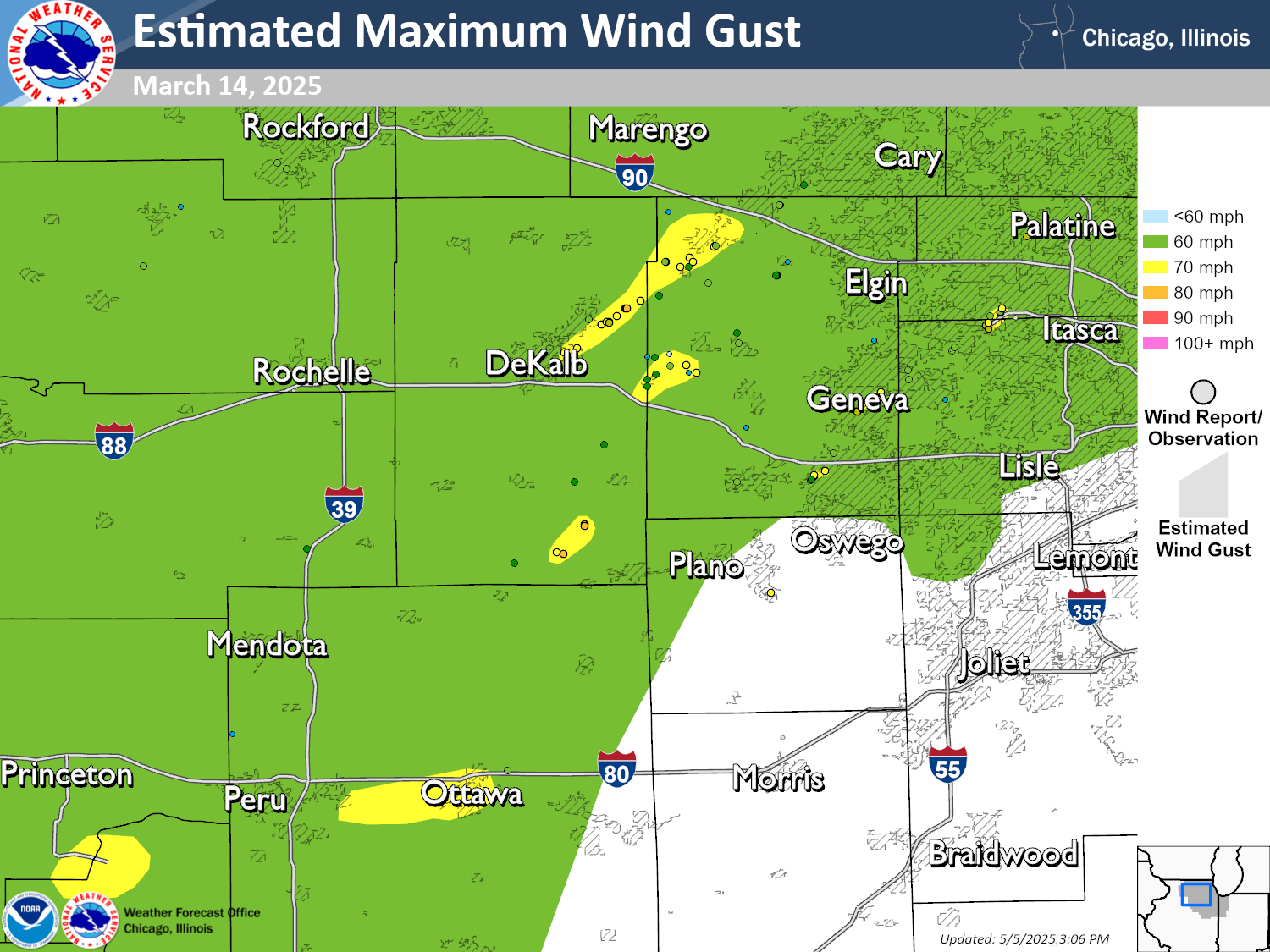 Map showing contours of estimated straight line winds due to storms occurring in northern Illinois on March 14 2025. A few areas of more significant straight line winds up to 70 mph are shown near Ottawa, and DeKalb.
