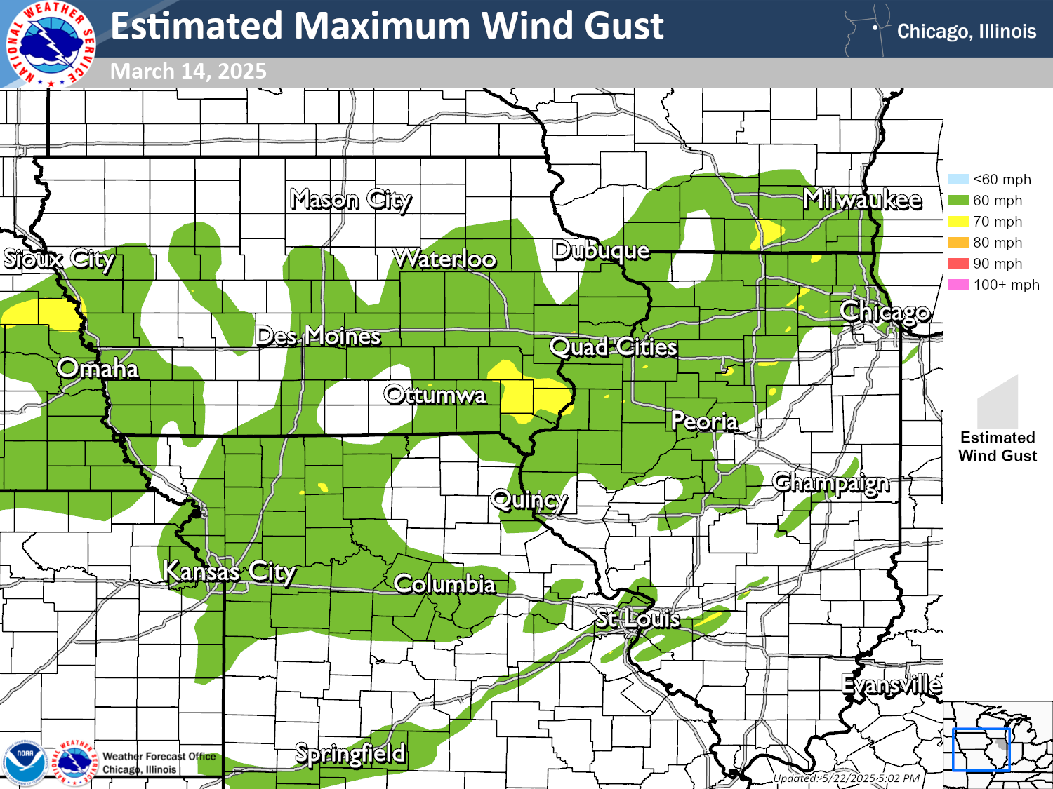 Map showing contours of estimated straight line winds due to storms occurring on March 14 2025. Map shows areas experiencing winds in excess of 60 mph in eastern Nebraska, central and southern Iowa, northern Missouri, southern Wisconsin, and central and northern Illinois. Small areas of higher winds are indicated, with isolated winds up to 70-80 mph depicted.
