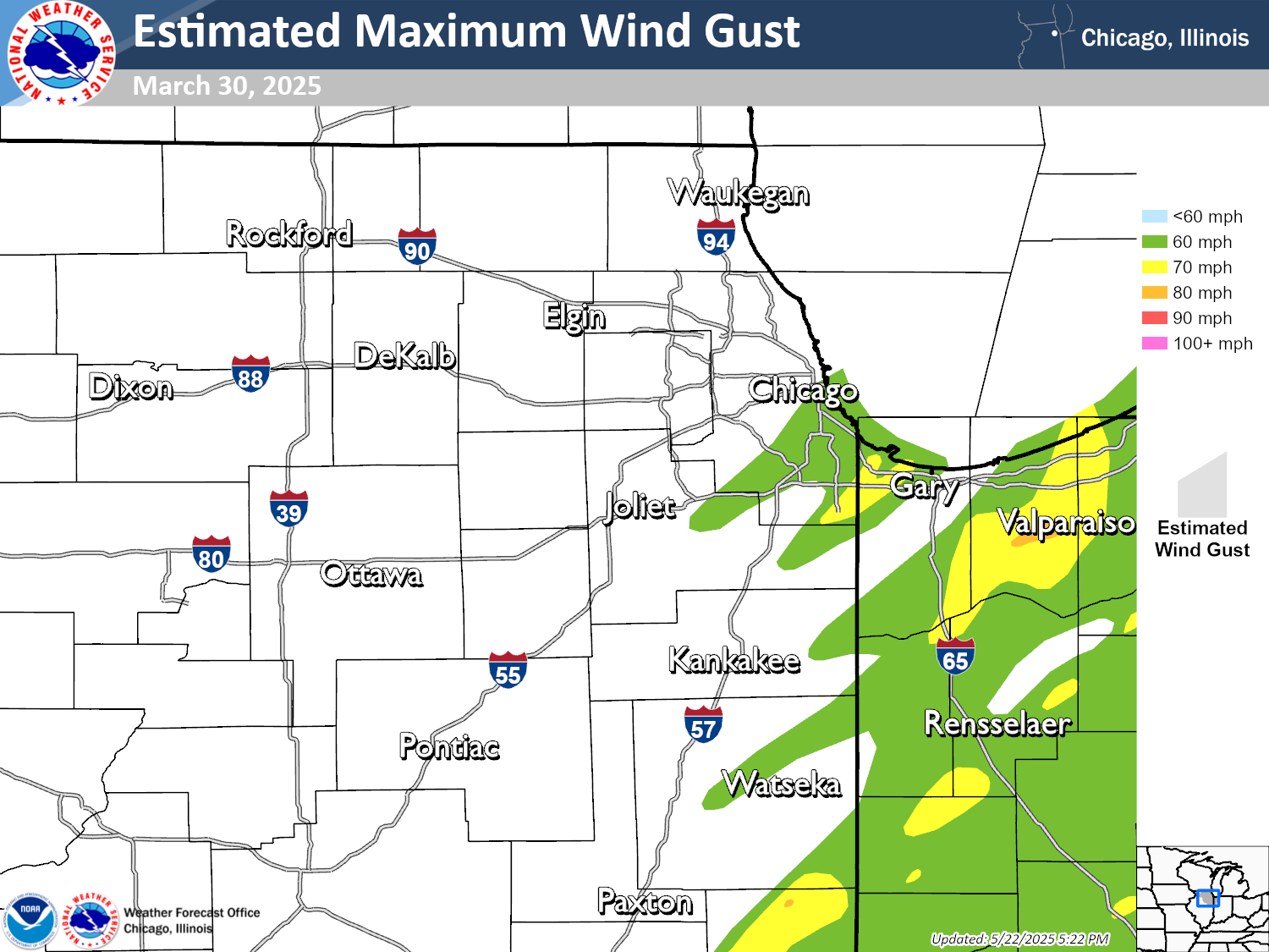 Map showing contours of estimated straight line winds due to storms occurring on March 30 2025. The map shows 60 mph winds impacting portions of eastern and northeastern Illinois and northwestnern Indiana. Areas of more significant straight line winds up to 70-80 mph are also showed scattered throughout, with a notable area indicated near Valparaiso, Indiana.