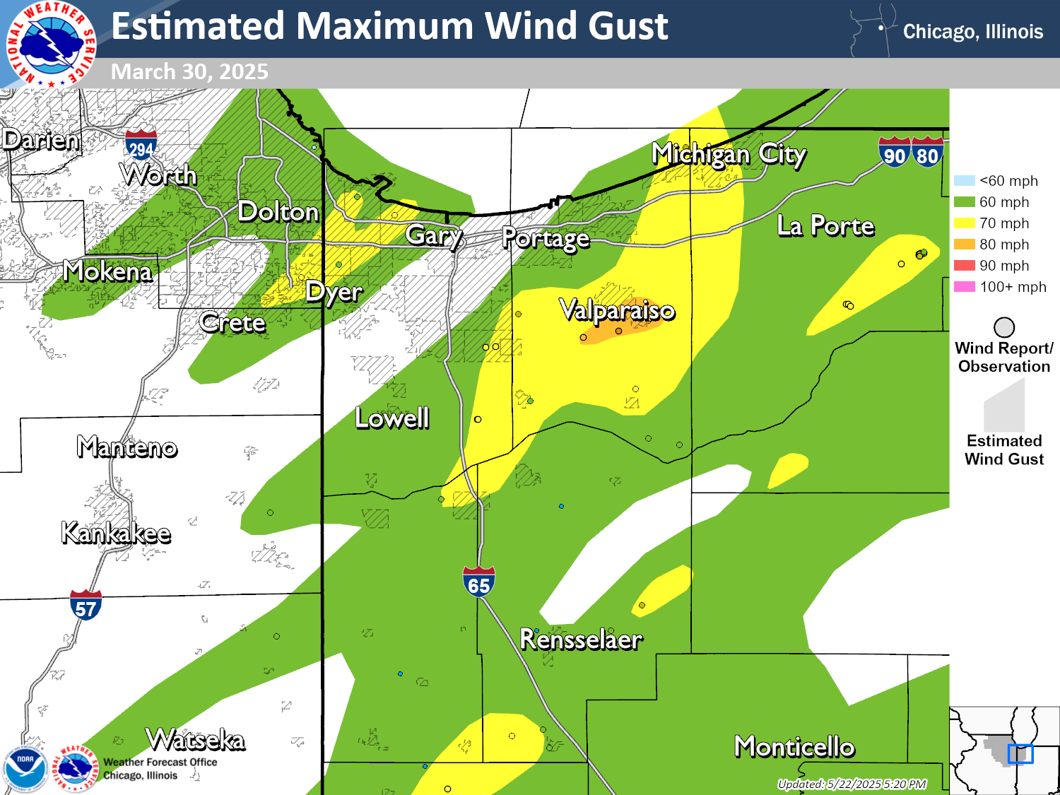 Map showing contours of estimated straight line winds due to storms occurring in northeastern Illinois and northwestern Indiana on March 30 2025. A few areas of more significant straight line winds up to 70 mph are shown near Valparaiso, Dyer, and Gary.