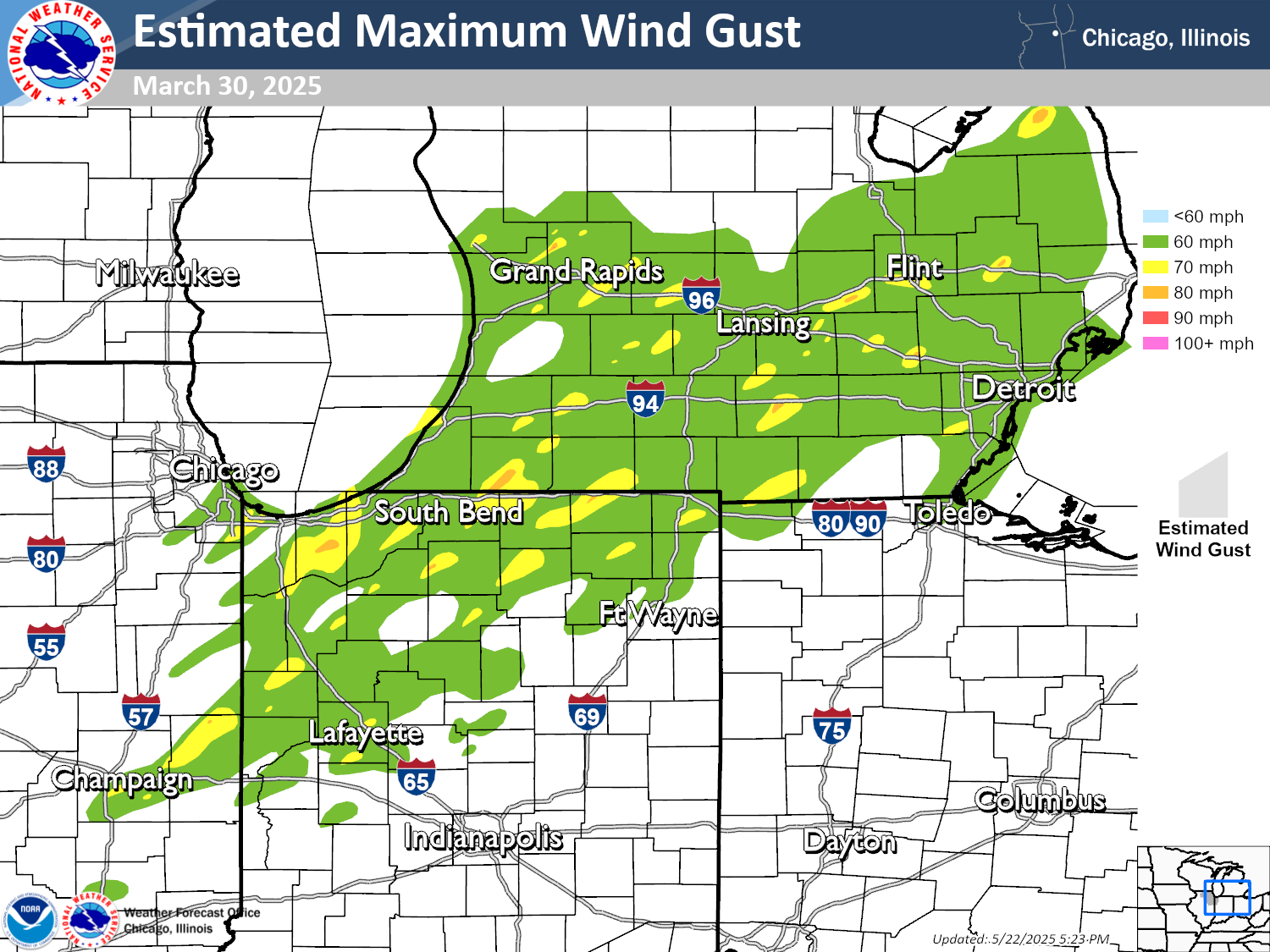 Map showing contours of estimated straight line winds due to storms occurring on March 30 2025. The map shows 60 mph winds impacting portions of eastern and northeastern Illinois, most of northern Indiana, and most of southern Michigan. Multiple smaller areas are depicted as being impacted by winds up to 70-80 mph.