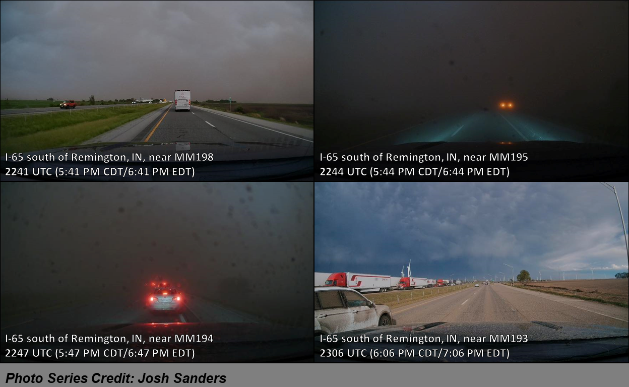 Series of photos showing how the dust storm impacted visibility along I-65 south of Remington, Indiana. The first photograph shows a roadway with generally clear conditions near the ground, with cars traveling on the road and clouds in the sky. The second and third photos show near zero visibility and darkness, with vehicles pulled to the side of the road. The fourth photo shows clear conditions again with clouds in the sky and a vehicle traveling on the roadway that is coated in dust.