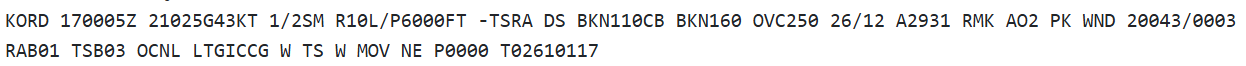 Image showing the coded weather message or METAR code reported by Chicago O'Hare Airport at 7:05 PM CDT on May 16 2025. The text string is KORD 170005Z 21025G43KT 1/2SM R10L/P6000FT -TSRA DS BKN110CB BKN160 OVC250 26/12 A2931 RMK AO2 PK WND 20043/0003 RAB01 TSB03 LTGICCG W TS W MOV NE P0000 T02610117